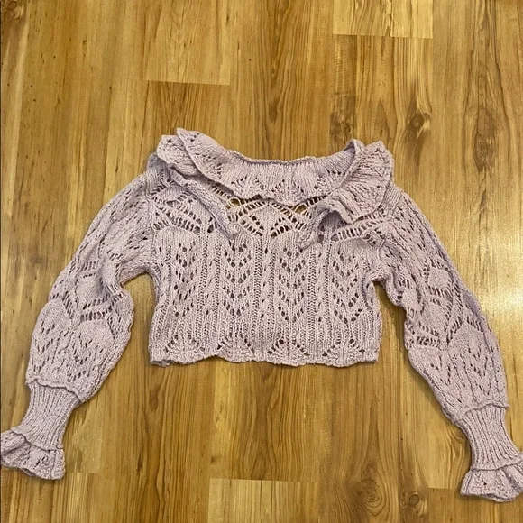 ♥️ 2X HOST PICK ♥️ FREE PEOPLE lilac crochet knit ruffle cropped cardigan M - Picture 7 of 8